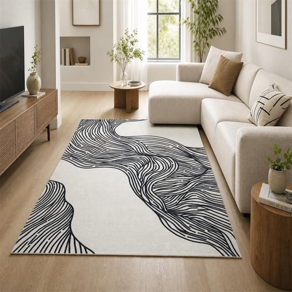 HIWEAVER Black/White 5' x 7' Washable Abstract Striped Area Rug for Living Room Indoor Throw Neutral Carpet Modern Geometric Non-Slip Foldable Floor Cover for Dorm Home Decor