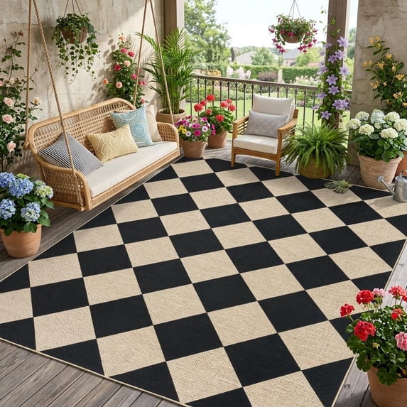 HIWEAVER Black/White 8' x 10' Modern Geometric Easy Jute Area Rug for Living Room Washable Checkered Print Indoor Outdoor Carpet Non-Slip Stain-Resistant Kitchen Throw Mat Low Pile Patio Rug Decor