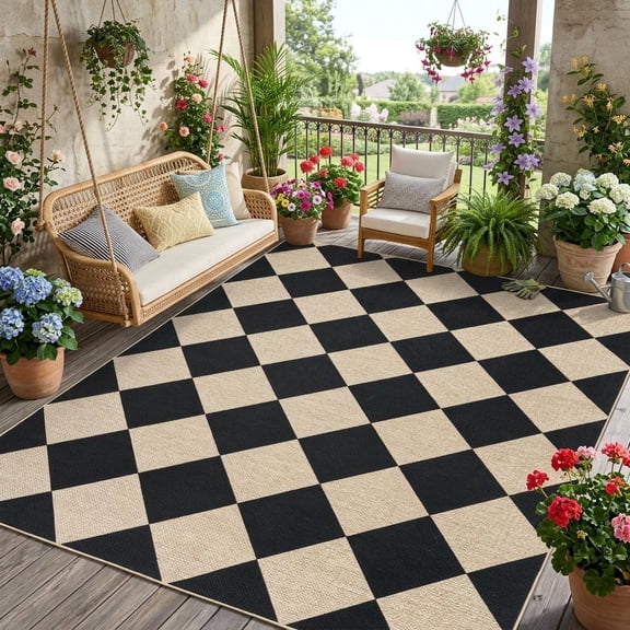 HIWEAVER Black/White 8' x 10' Modern Geometric Easy Jute Area Rug for Living Room Washable Checkered Print Indoor Outdoor Carpet Non-Slip Stain-Resistant Kitchen Throw Mat Low Pile Patio Rug Decor