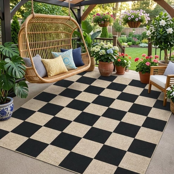 HIWEAVER Black/White 8' x 10' Modern Geometric Easy Jute Area Rug for Living Room Washable Checkered Print Indoor Outdoor Carpet Non-Slip Stain-Resistant Kitchen Throw Mat Low Pile Patio Rug Decor