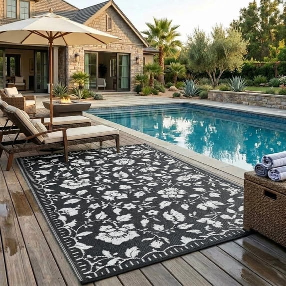 HIWEAVER Black/White 8'x 10' Outdoor Rug Garden Decor Scalloped Bordered Floral Carpet Plastic Straw Waterproof Reversible Patio Area Rug for Balcony Deck Picnic Portable Camping Mat