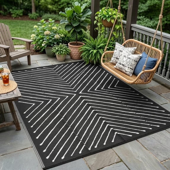 HIWEAVER Black/White 8' x 10' Outdoor Rug PP Plastic Straw Woven Waterproof Patio Rug with Striped Pattern Portable Outside Carpet for Balcony Deck Picnic Garden Decor