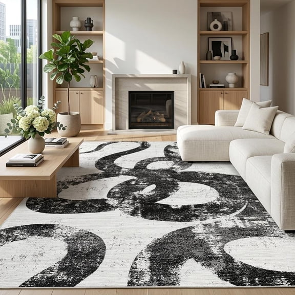 HIWEAVER Black White 8′ x 10′ Washable Abstract Area Rug for Living Room Rugs Modern Stain Resistant Indoor Carpet Home Decor