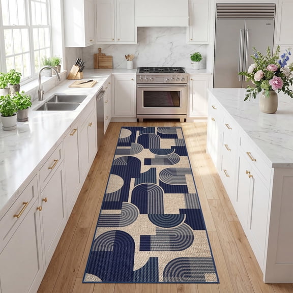 HIWEAVER Blue 2' x 6' Easy Jute Runner for Kitchen Non Slip Arch Striped Indoor Throw Carpet Non Shedding Modern Geometric Mat for Hallway Outdoor Patio Rug