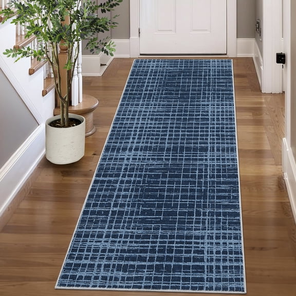 HIWEAVER Blue 2' x 6' Neutral Plaid Runner Rug for Kitchen Washable Stain-Resistant Modern Indoor Carpet for Bedroom Decor Farmhouse