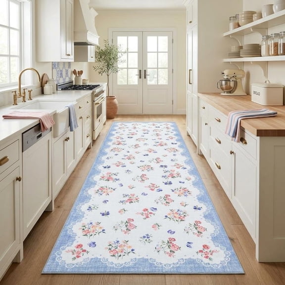HIWEAVER Blue 2' x 6' Runner Area Rug for Kitchen Hallway Bedroom Washable Scalloped Bordered Floral Pattern Non Slip Indoor Throw Carpet Room Decor