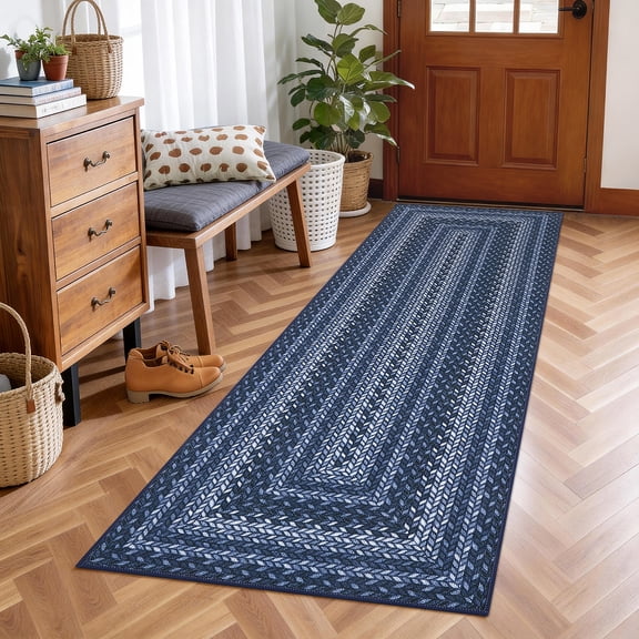 HIWEAVER Blue 2' x 6' Washable Modern Outdoor Area Rug for Patios Non-slip Soft Neutral Scalloped Bordered Pattern Indoor Throw Carpet for Living Room Bedroom Decor