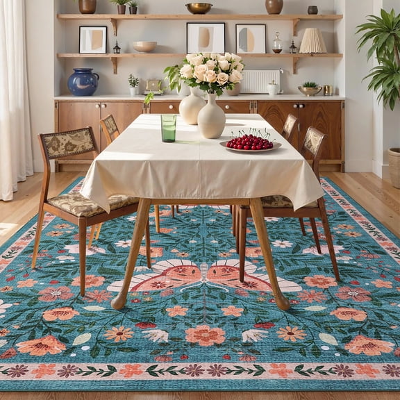 HIWEAVER Blue 4' x 6' Washable Floral Rug Non Slip Low Pile Rug Butterfly Ultra-Soft Throw Floor Cover Foldable Indoor Carpet for Living Room Bedroom Playroom Dorm