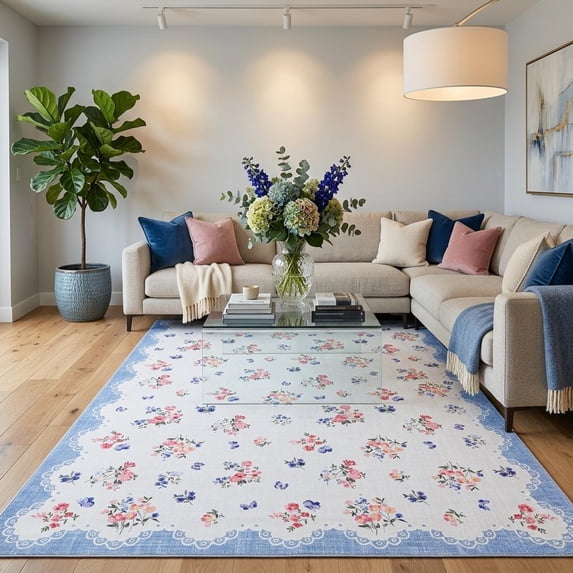 HIWEAVER Blue 5' x 7' Area Rug for Living Room Bedroom Washable Scalloped Bordered Floral Pattern Non Slip Indoor Carpet Room Decor