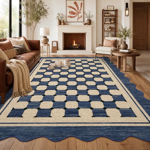 HIWEAVER Blue 5' x 7' Scalloped-edge Easy Jute Area Rug for Living Room Modern Bordered Plaid Indoor Outdoor Neutral Carpet for Patios Non Slip Washable Throw Mat for Home Decor
