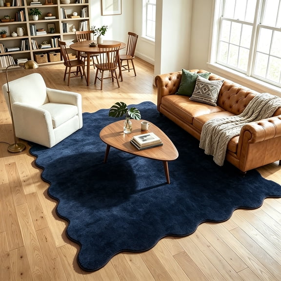 HIWEAVER Blue 5' x 7' Ultra-Soft Scalloped Rug for Living Room Indoor Non Slip Non-Shedding Floor Cover Easy Clean Fuzzy Fluffy Solid Carpet for Bedroom Playroom Dorm
