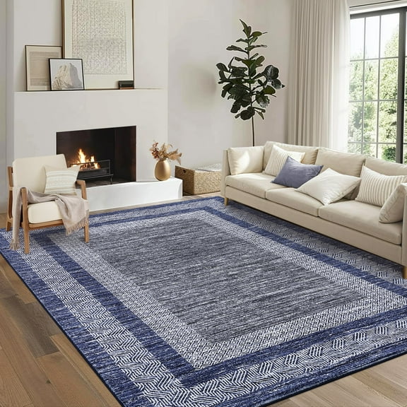 HIWEAVER Blue 5′ x 7′ Washable Area Rug for Living Room Soft Geometric Bordered Indoor Modern Large Throw Carpet for Dining Room