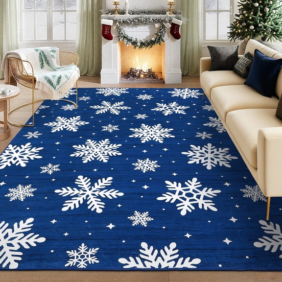 HIWEAVER Blue 5' x 7' Washable Christmas Area Rug for Living Room Indoor Carpet Modern Non-Slip Xmas Snowflake Home Decor