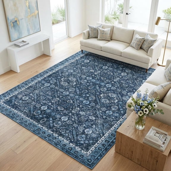 HIWEAVER Blue 6' x 9' Distressed Floral Vintage Area Rug for Living Room Washable Non Slip Indoor Carpet for Bedroom Decor Low Pile Farmhouse Floor Cover