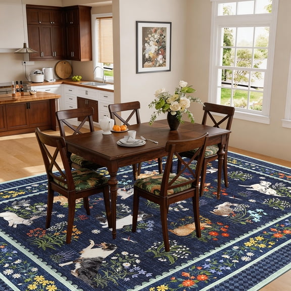 HIWEAVER Blue 8' x 10' Washable Area Rug for Living Room Cute Animal Print Non Slip Bedroom Decor Floral Under Coffee Table Indoor Throw Carpet for Dining Room Office