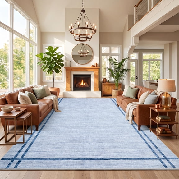 HIWEAVER Blue 8′ x 10′ Washable Neutral Geometric Bordered Area Rug for Living Room Indoor Throw Carpet Modern Non-Slip Foldable Floor Cover for Dorm Home Decor