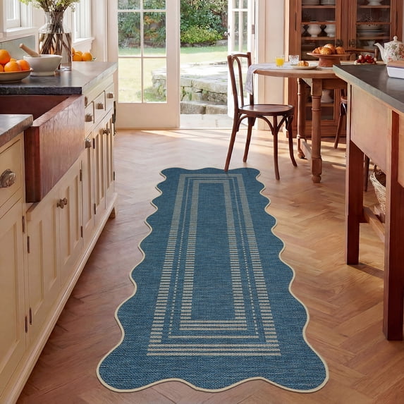 HIWEAVER Blue 9' x 12' Scalloped-edge Easy Jute Area Rug for Living Room Modern Bordered Indoor Outdoor Neutral Carpet for Patios Non Slip Washable Throw Mat for Home Decor
