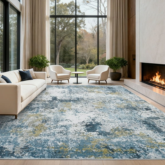 HIWEAVER Blue Yellow 10′ x 13′ Washable Abstract Area Rug for Living Room Indoor Throw Carpet Modern Non-Slip Foldable Floor Cover for Dorm Home Decor