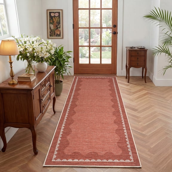 HIWEAVER Brick Red 2' x 6' Washable Outdoor Runner for Hallway Modern Scalloped Bordered Indoor Carpet for Kitchen Non-Slip Stain Resistant Accent Throw Rug for Patio Decor