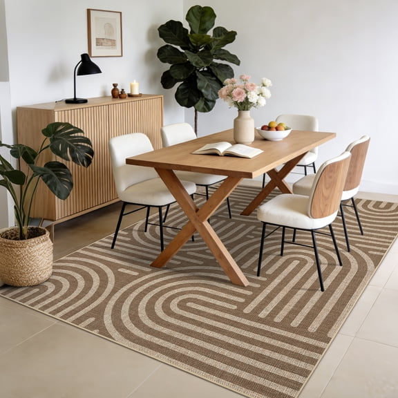 HIWEAVER Brown 10′ x 13′ Easy Jute Area Rug for Living Room Non Slip Stain Resistant Arch Striped Indoor Carpet Non Shedding Modern Geometric Mat for Dining Room Outdoor Patio Rug