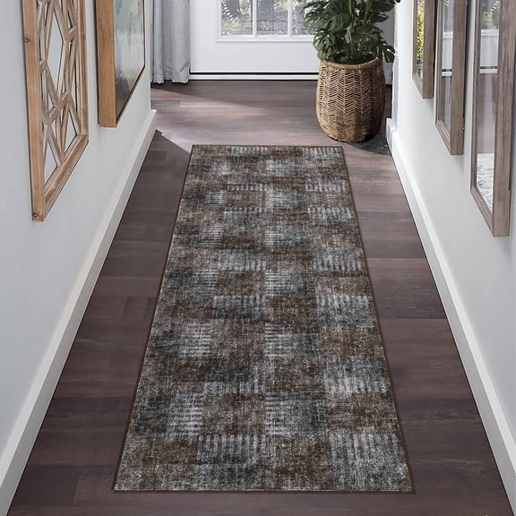 HIWEAVER Brown 2′ x 6′ Distressed Checkered Vintage Runner Rug for Kitchen Washable Non Slip Indoor Carpet for Bedroom Decor Low Pile Abstract Floor Cover