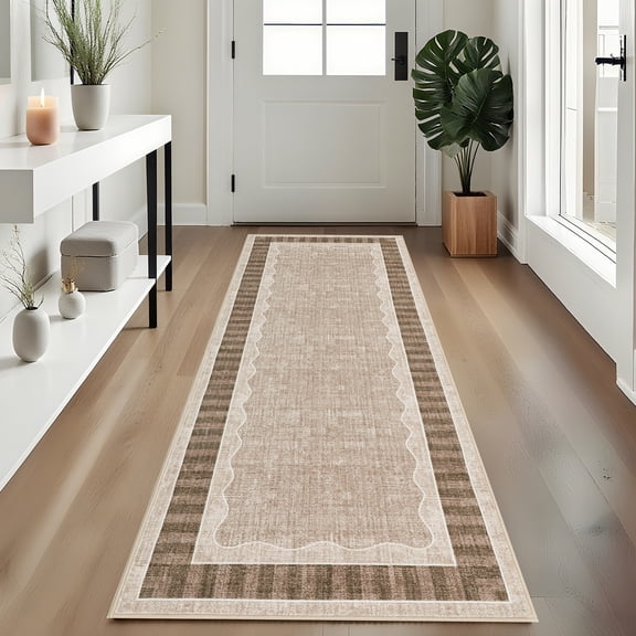 HIWEAVER Brown 2' x 6' Scalloped Washable Runner for Hallway Modern Solid Bordered Carpet for Kitchen Non-Slip Stain Resistant Accent Throw Mat for Dining Room Home Decor