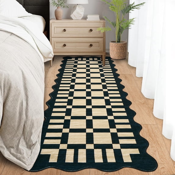 HIWEAVER Brown 2′ x 6′ Scalloped Washable Runner Rug for Kitchen Modern Checkered Geometric Accent Throw Carpet for Bedroom Non-Slip Floor Cover Home Decor