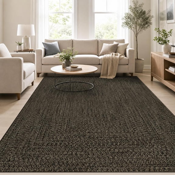 HIWEAVER Brown 3′ x 5′ Washable Geometric Solid Area Rug for Living Room Modern Faux Braided Pattern Neutral Non Slip Indoor Carpet Decor