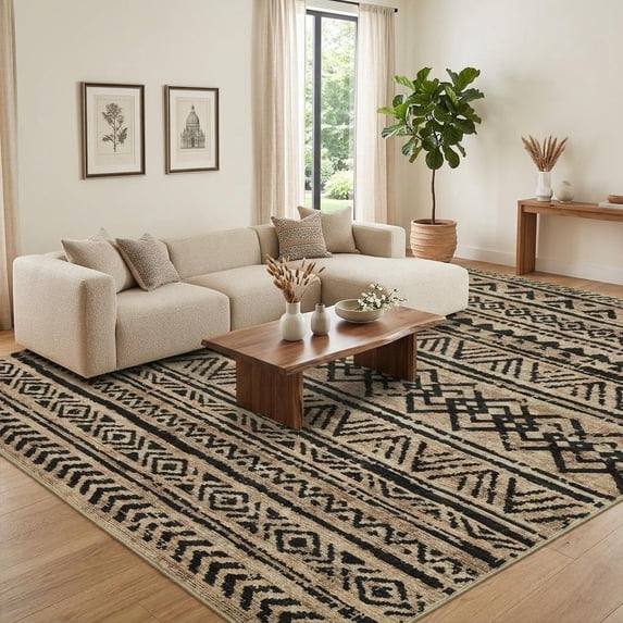 HIWEAVER Brown 4' x 6' Washable Boho Geometric Area Rug for Living Room Indoor Throw Carpet Modern Non-Slip Foldable Floor Cover for Dorm Home Decor