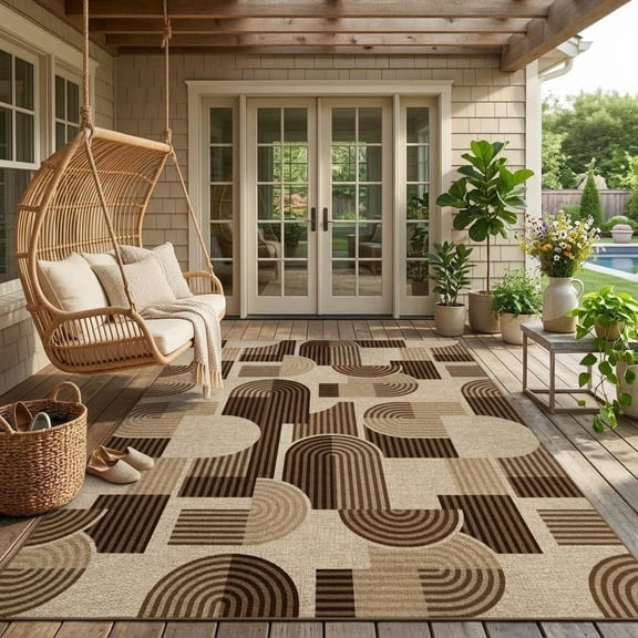 HIWEAVER Brown 5' x 7' Easy Jute Area Rug for Living Room Non Slip Arch Striped Indoor Carpet Non Shedding Modern Geometric Mat for Dining Room Outdoor Patio Rug
