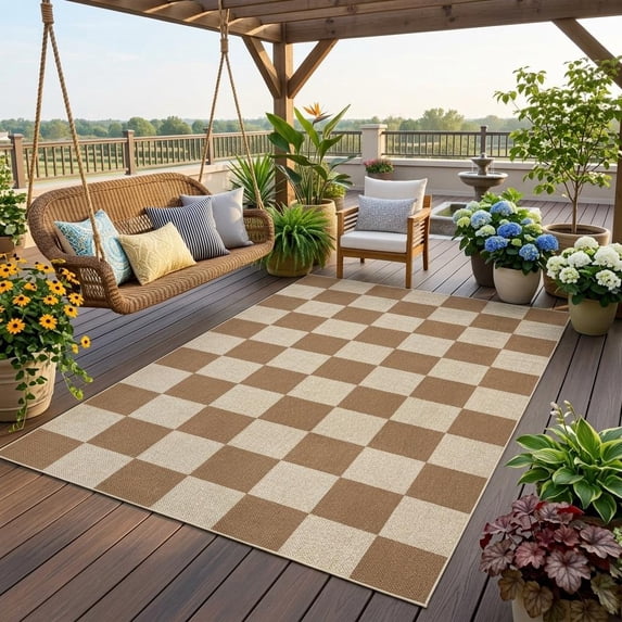 HIWEAVER Brown 5' x 7' Modern Geometric Easy Jute Area Rug for Living Room Washable Checkered Print Indoor Outdoor Carpet Non-Slip Stain-Resistant Kitchen Throw Mat Low Pile Patio Rug Decor