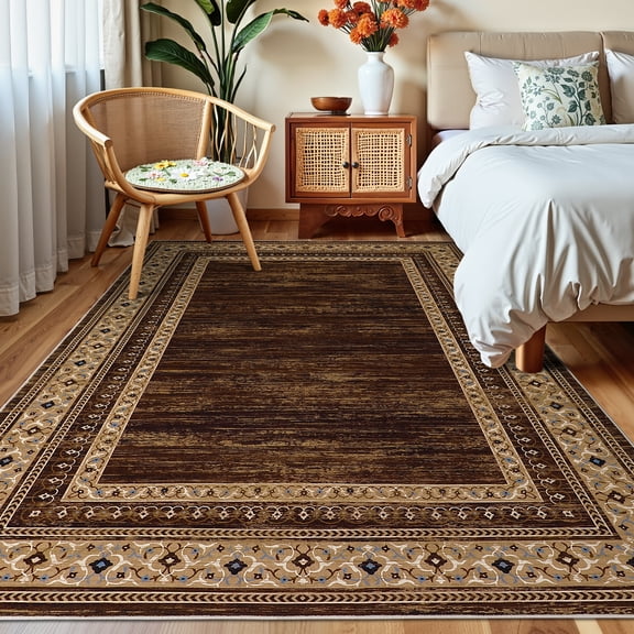 HIWEAVER Brown 5′ x 7′ Washable Area Rug for Living Room Soft Geometric Bordered Indoor Modern Large Throw Carpet for Dining Room Non Slip Farmhouse Decor