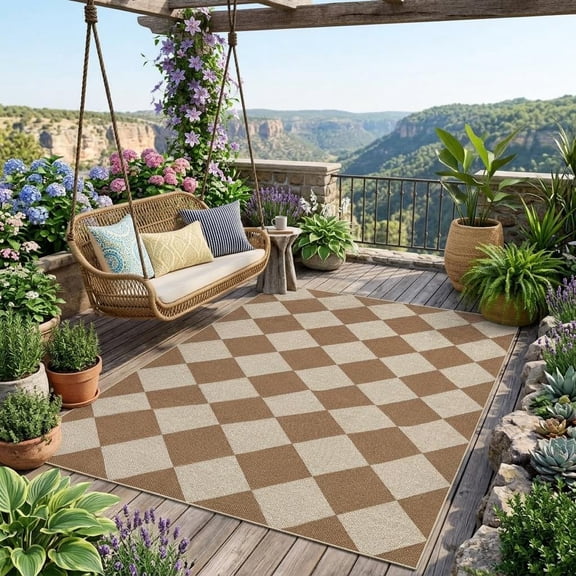 HIWEAVER Brown 6' x 9' Modern Geometric Easy Jute Area Rug for Living Room Washable Checkered Print Indoor Outdoor Carpet Non-Slip Stain-Resistant Kitchen Throw Mat Low Pile Patio Rug Decor