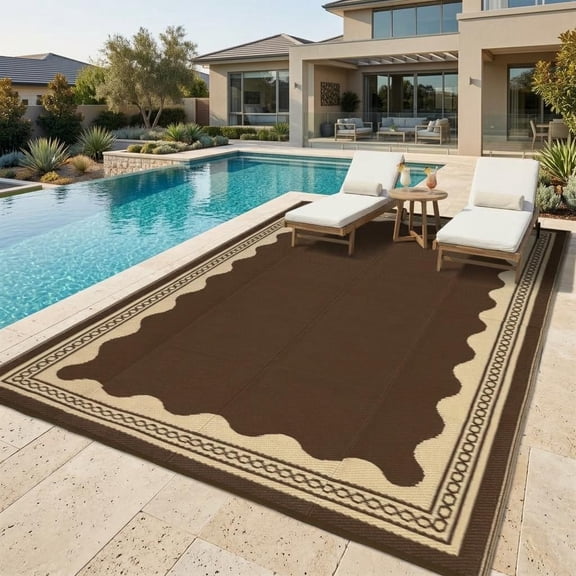 HIWEAVER Brown 8'x 10' Outdoor Rug Garden Decor Scolloped Bordered Carpet Plastic Straw Waterproof Reversible Patio Area Rug for Balcony Deck Picnic Portable Camping Mat