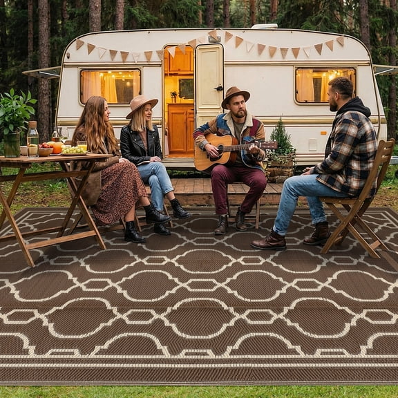 HIWEAVER Brown 9' x 12' Outdoor Rug Garden Decor Geometric Carpet Plastic Straw Waterproof Reversible Patio Area Rug for Balcony Deck Picnic Portable Camping Mat