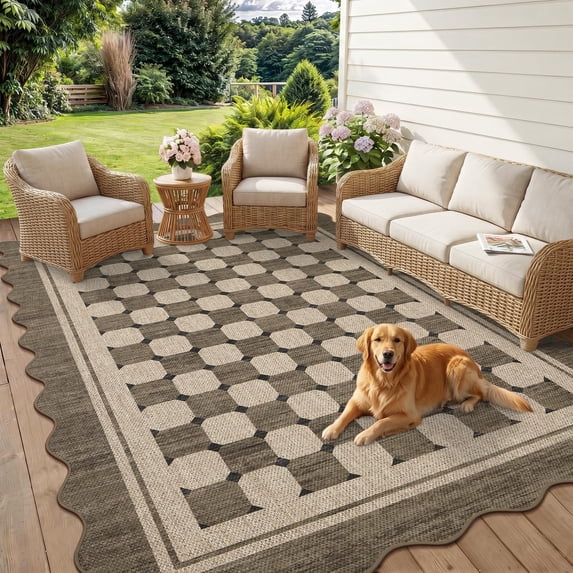 HIWEAVER Brown 9' x 12' Scalloped-edge Easy Jute Area Rug for Living Room Modern Bordered Plaid Indoor Outdoor Neutral Carpet for Patios Non Slip Washable Throw Mat for Home Decor