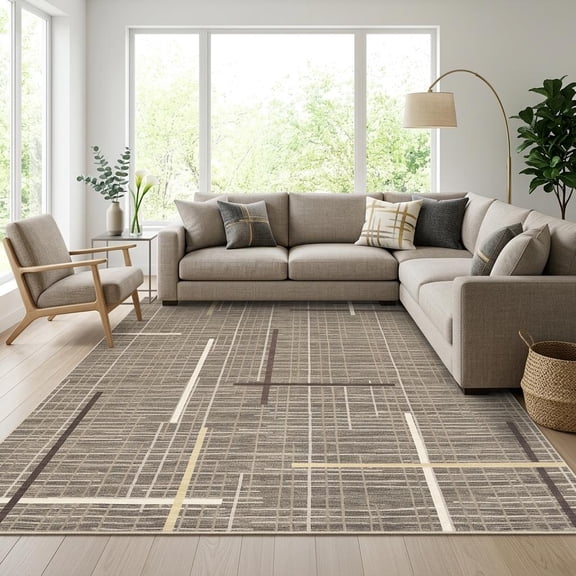 HIWEAVER Brown 9′ x 12′ Washable Boho Geometric Area Rug for Living Room Indoor Throw Carpet Modern Non-Slip Foldable Floor Cover for Dorm Home Decor