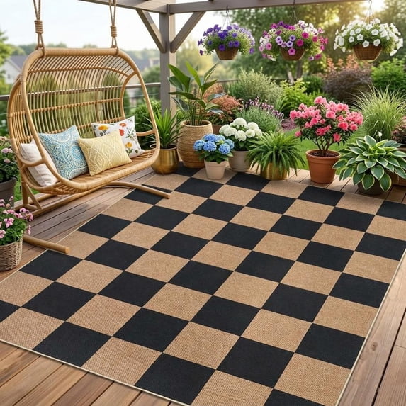 HIWEAVER Brown/Black 6' x 9' Modern Geometric Easy Jute Area Rug for Living Room Washable Checkered Print Indoor Outdoor Carpet Non-Slip Stain-Resistant Kitchen Throw Mat Low Pile Patio Rug Decor