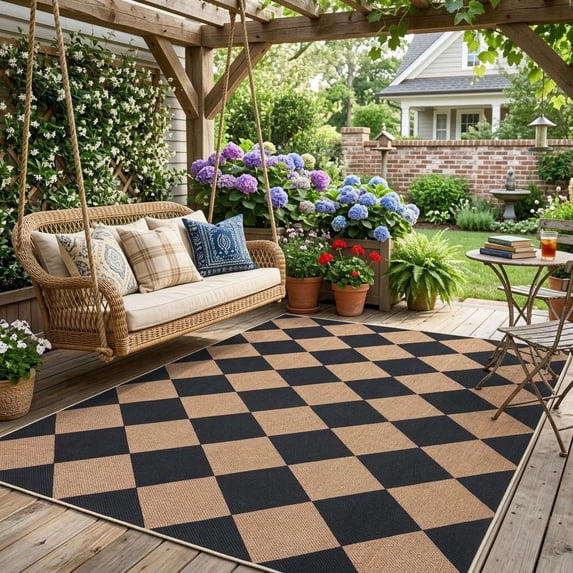 HIWEAVER Brown/Black 9' x 12' Modern Geometric Easy Jute Area Rug for Living Room Washable Checkered Print Indoor Outdoor Carpet Non-Slip Stain-Resistant Kitchen Throw Mat Low Pile Patio Rug Decor