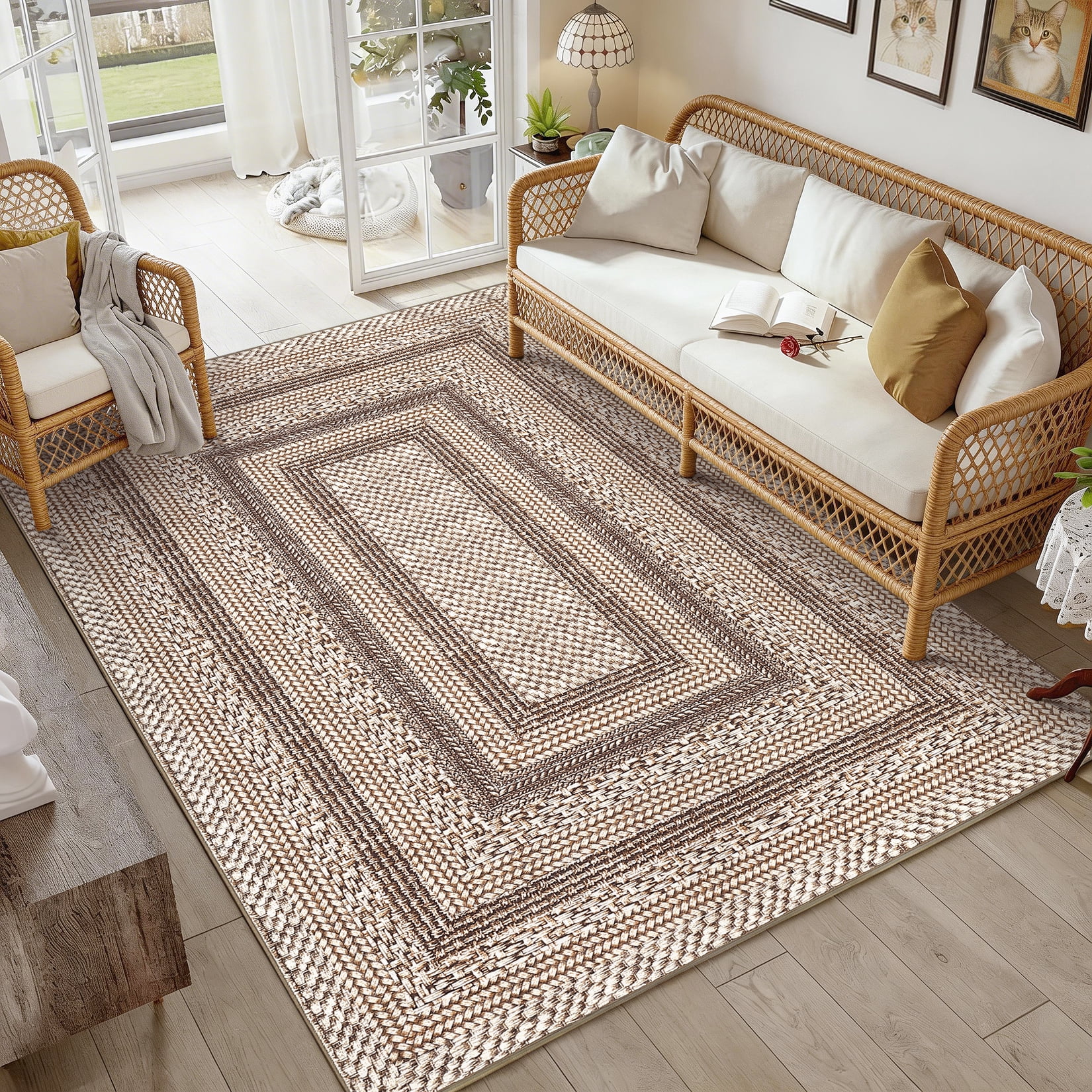 HIWEAVER Brown Foldable Area Rug for Living Room 4' x 6' Washable Bordered Digital Printed Geometric Indoor Carpet Decor