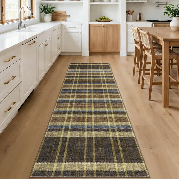 HIWEAVER Brown coffee 2' x 6' Washable Neutral Plaid Runner for Kitchen Indoor Modern Checked Throw Carpet Non-Slip Foldable Doormat for Hallway Farmhouse Dorm Home Decor