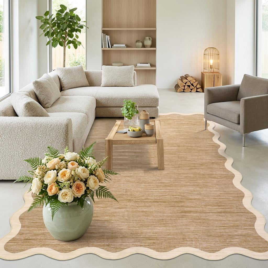 Deco Design Rug HIWEAVER Camel 10' x 13' Scalloped Washable Area Rug for Living Room ...