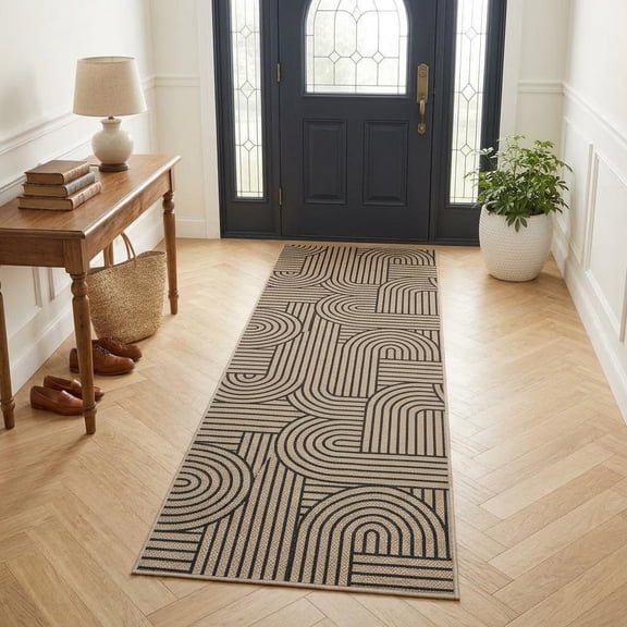 HIWEAVER Camel 2' x 6' Easy Jute Runner for Kitchen Non Slip Stain Resistant Arch Striped Indoor Throw Carpet Non Shedding Modern Geometric Mat for Hallway Outdoor Patio Rug
