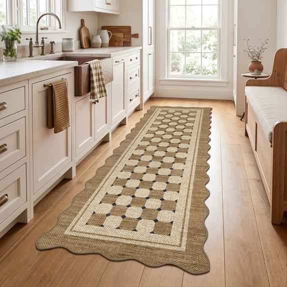 HIWEAVER Camel 2' x 6' Scalloped-edge Easy Jute Runner Rug for Bathroom Modern Bordered Plaid Indoor Outdoor Neutral Carpet for Patios Non Slip Washable Throw Kitchen Mat for Home Decor