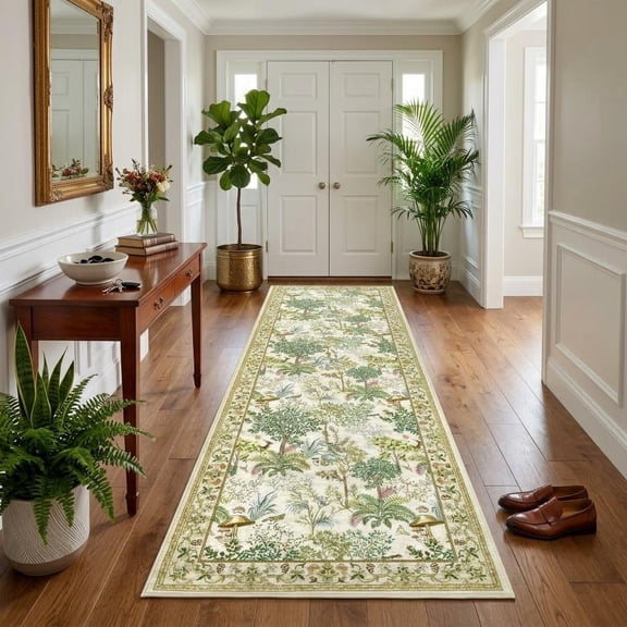 HIWEAVER Camel 2' x 6' Washable Forest Botanical Runner for Kitchen Indoor Rabbit Accent Throw Carpet Farmhouse Non-Slip Stain Resistant Floor Cover for Home Decor