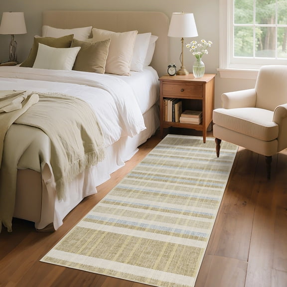 HIWEAVER Camel 2' x 6' Washable Neutral Plaid Runner for Kitchen Indoor Modern Checked Throw Carpet Non-Slip Foldable Doormat for Hallway Farmhouse Dorm Home Decor