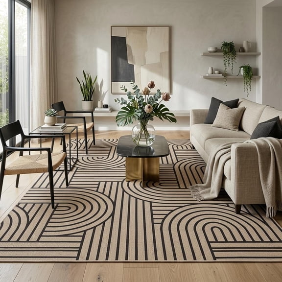 HIWEAVER Camel 4' x 6' Easy Jute Area Rug for Living Room Non Slip Stain Resistant Arch Striped Indoor Carpet Non Shedding Modern Geometric Mat for Dining Room Outdoor Patio Rug