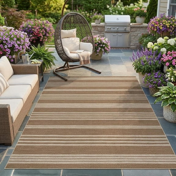 HIWEAVER Camel 5' x 7' Modern Geometric Easy Jute Area Rug for Living Room Washable Striped Print Indoor Outdoor Carpet Non-Slip Stain-Resistant Kitchen Throw Mat Low Pile Patio Rug Decor