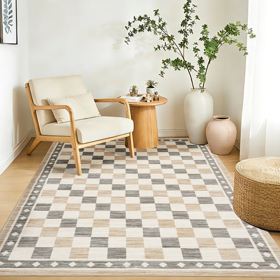 HIWEAVER Camel 5' x 7' Neutral Plaid Area Rug for Living Room Washable Non Slip Modern Checked Indoor Carpet for Bedroom Decor Low Pile Farmhouse Floor Cover