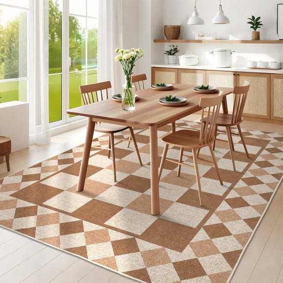 HIWEAVER Camel 8' x 10' Modern Geometric Easy Jute Area Rug for Living Room Washable Checkered Print Indoor Outdoor Carpet Non-Slip Stain-Resistant Kitchen Throw Mat Low Pile Patio Rug Decor